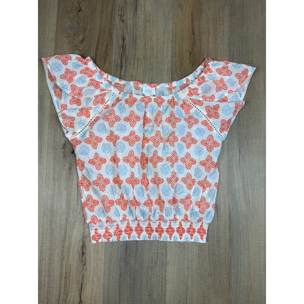 Sigrid Olsen Women Large Cotton Flutter Sleeve Smocked Hem Floral Top Orange NWT